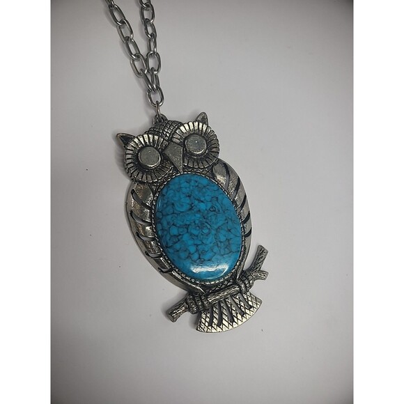Vintage Silver Tone Owl Pendant Chain Necklace Blue Stone Jewelry Costume - Picture 10 of 12